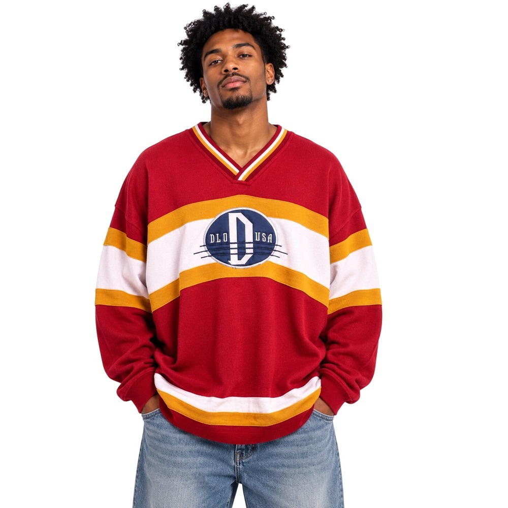 Vintage DLO-NYC Men XL Red Striped V-Neck Cotton Knit Sweater Elbow Patches